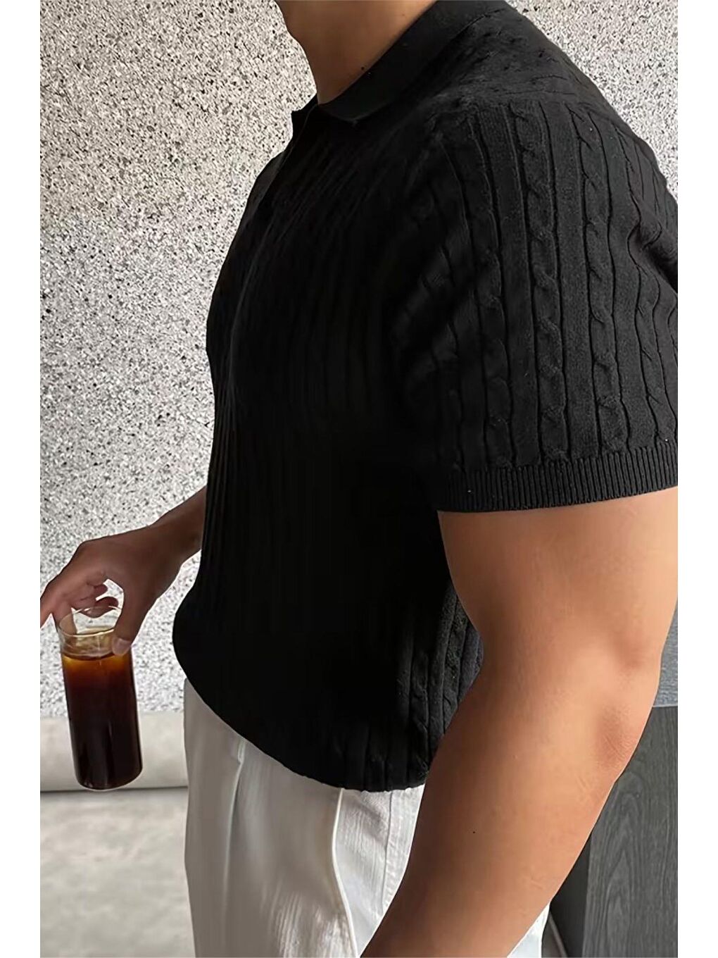 Siyah İtalyan Stil V Yaka Saç Örgü Detaylı Slim Fit Triko Erkek Polo Tshirt-2