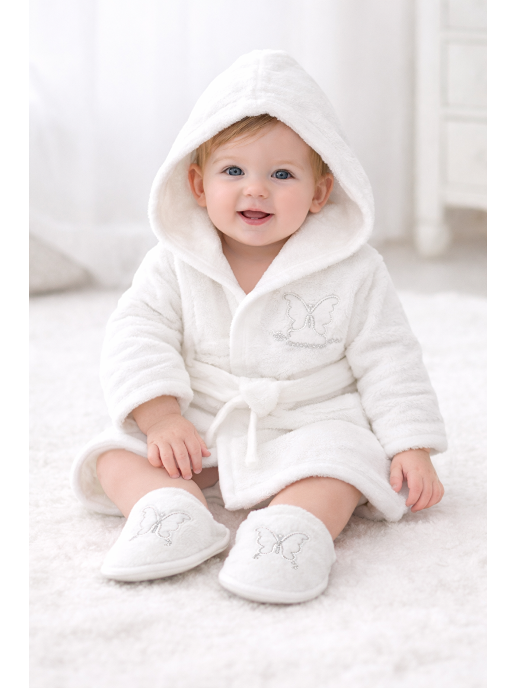 Ekru Kız Bebek Çocuk Kelebekli Bornoz Havlu Seti 4 Parça Takımı Pamuklu 0-24ay Hediyelik Kutulu