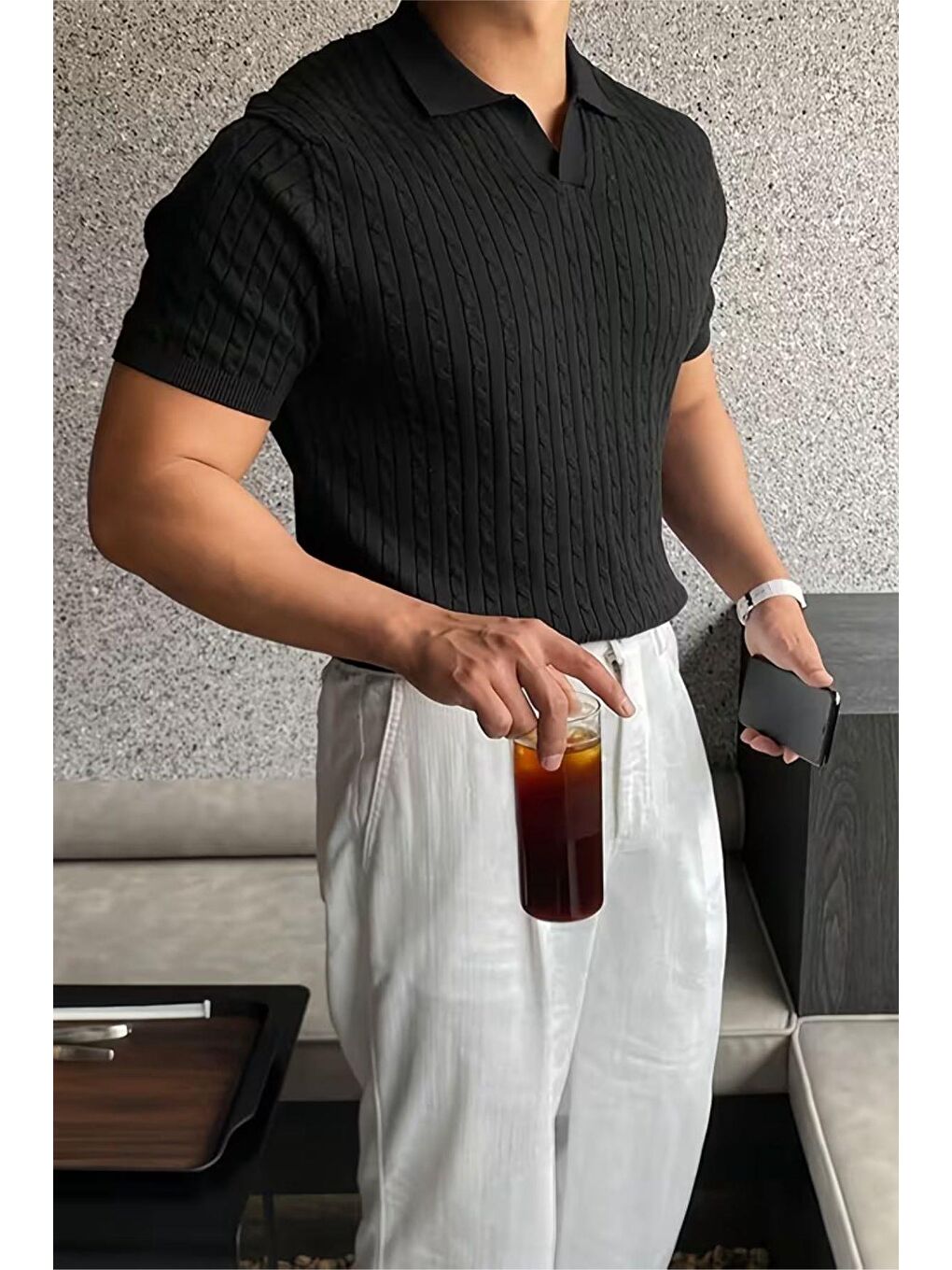 Siyah İtalyan Stil V Yaka Saç Örgü Detaylı Slim Fit Triko Erkek Polo Tshirt-3