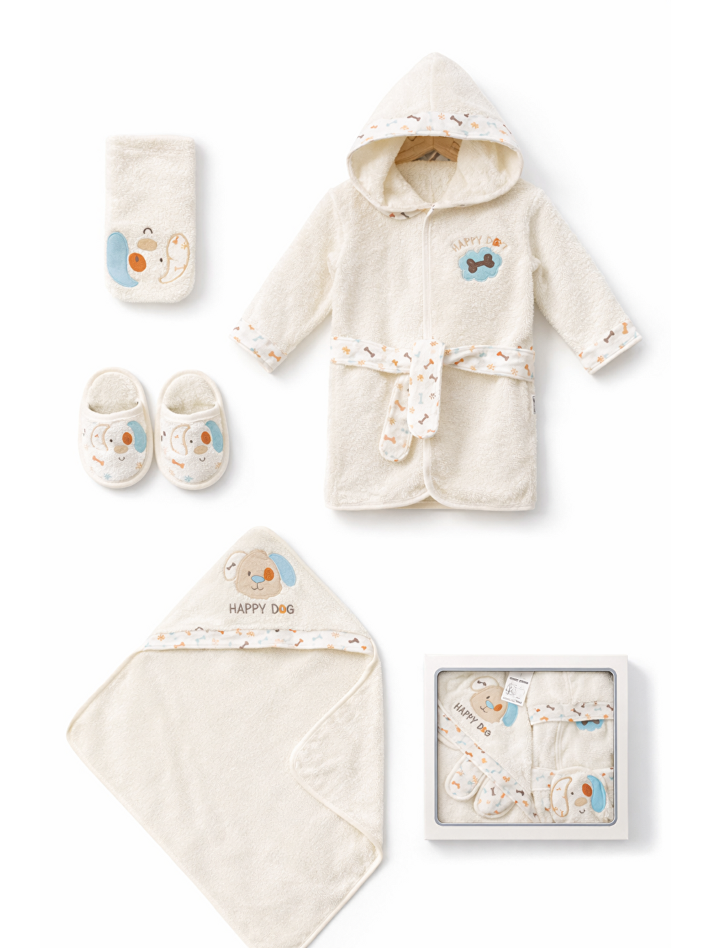 Ekru Erkek Bebek Köpek 4lü Bornoz Havlu Seti Kese Dahil Kutulu Hediyelik Pamuklu-1