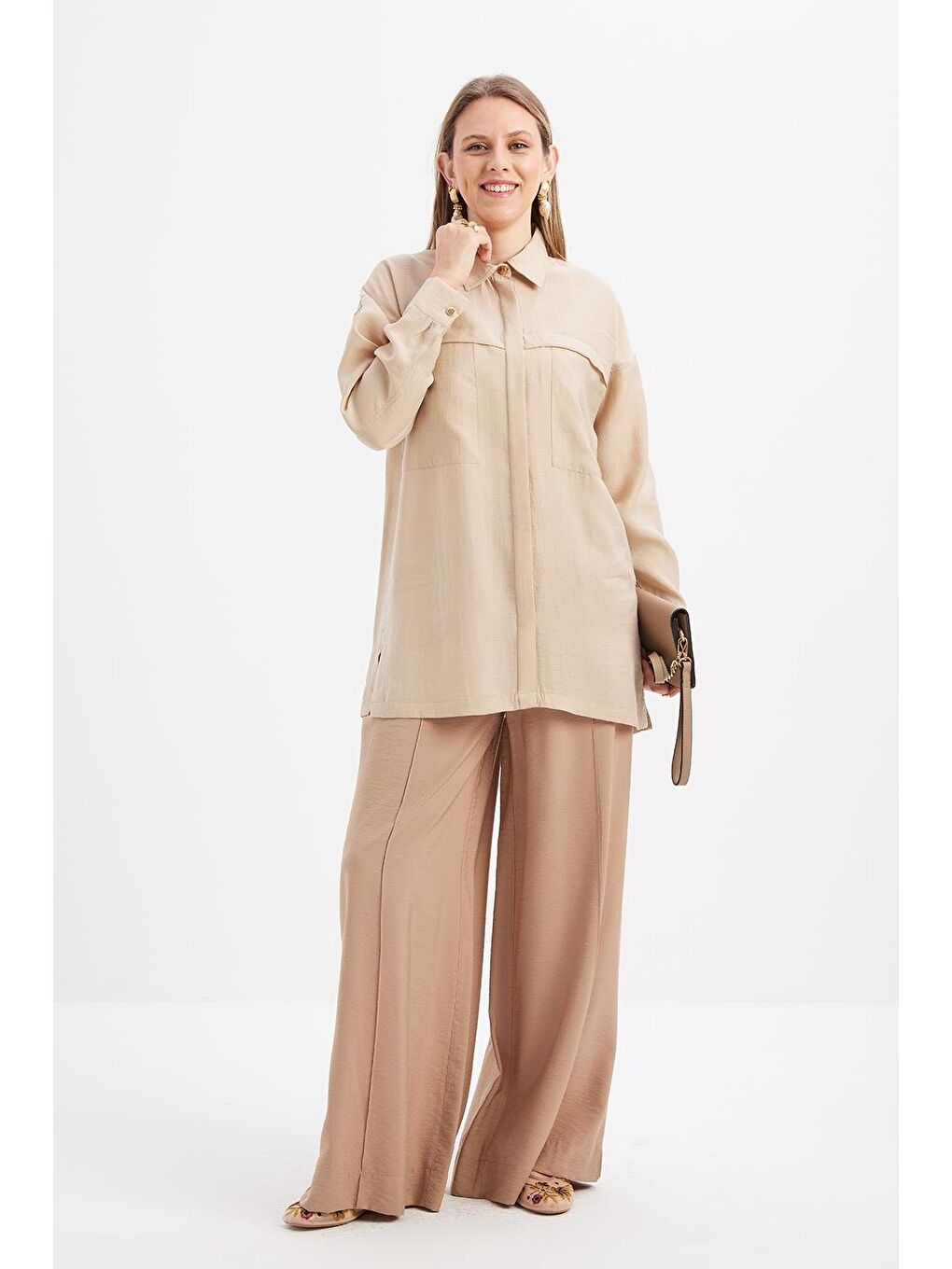 Bej-Cepli Gizli Patlı Gömlek Tunik-1