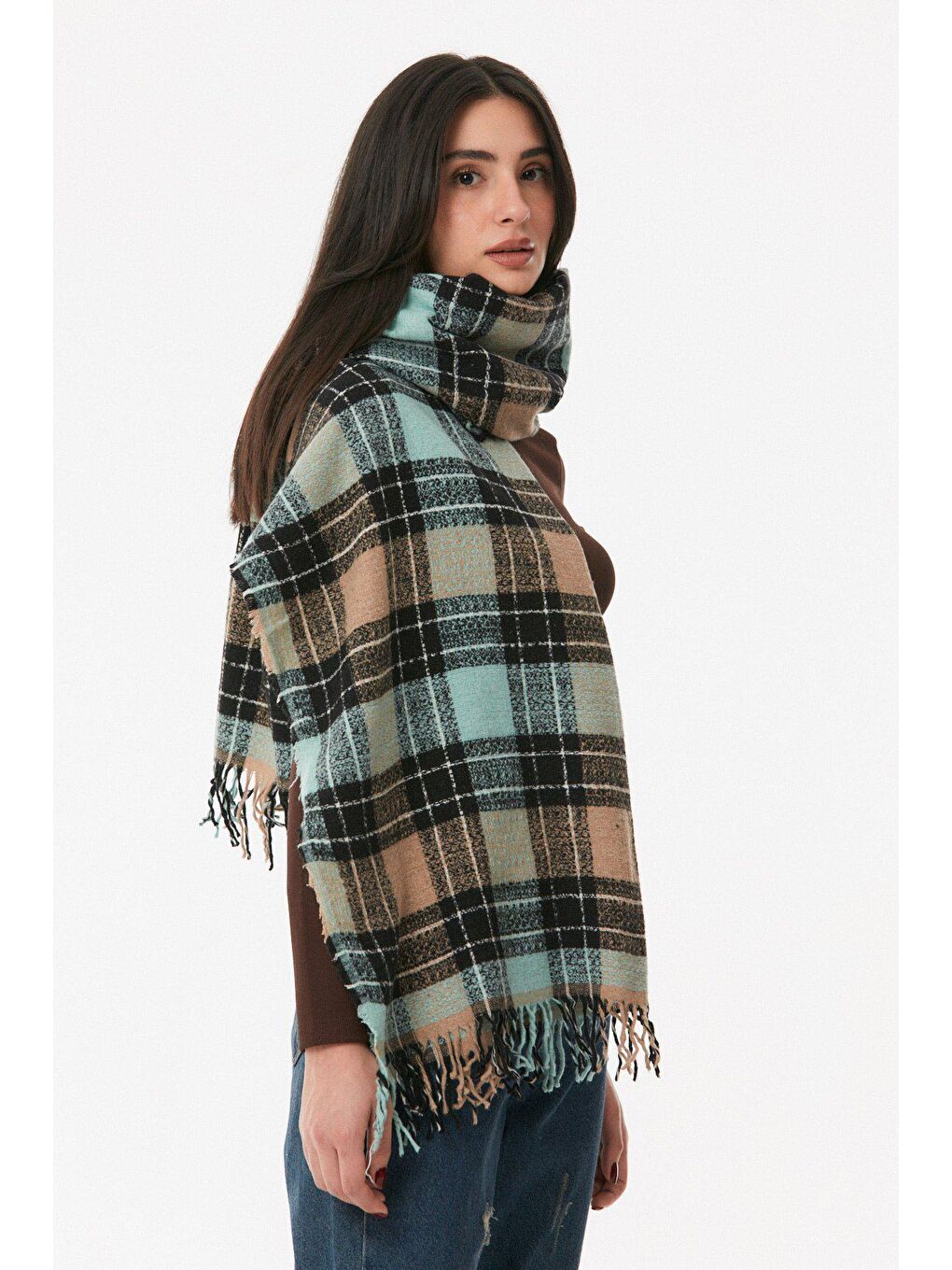 Turkuaz Ekose Desenli Yumuşak Dokulu Şal-2