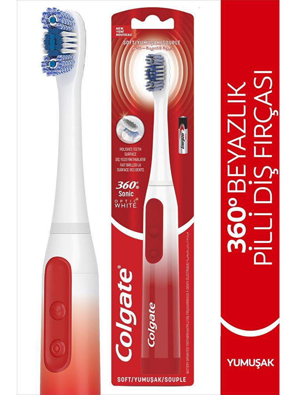 Colgate Beyaz-Kırmızı 360 Pilli Optik Beyaz Platinum Beyazlatıcı Yumuşak Diş Fırçası