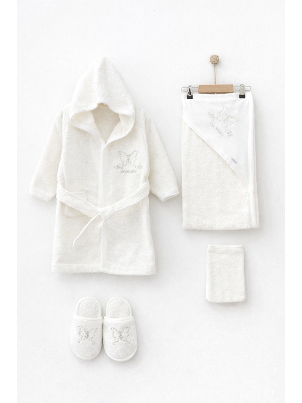 Ekru Kız Bebek Çocuk Kelebekli Bornoz Havlu Seti 4 Parça Takımı Pamuklu 0-24ay Hediyelik Kutulu-1