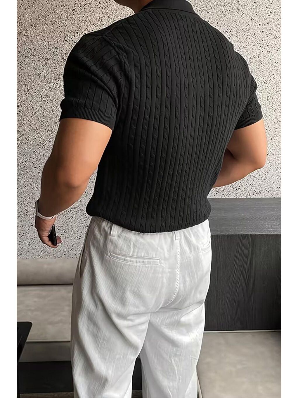 Siyah İtalyan Stil V Yaka Saç Örgü Detaylı Slim Fit Triko Erkek Polo Tshirt-4