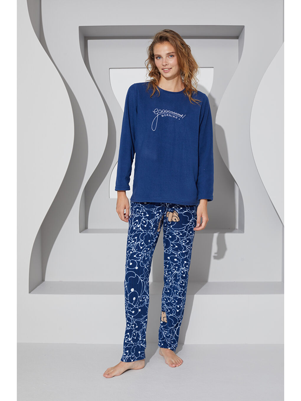 Lacivert Nakışlı Alt Üst Polar Pijama Takım 24223080