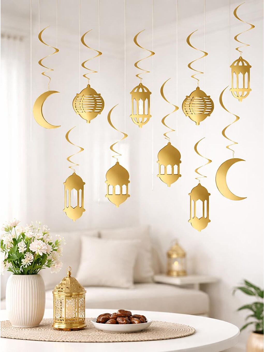 Sarı Ramazan Metalize Gold Tavan Sarkıt Süs – 10'lu Çift Taraflı Set