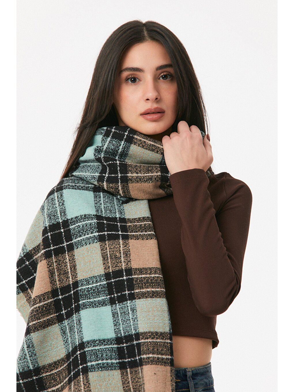 Turkuaz Ekose Desenli Yumuşak Dokulu Şal-3