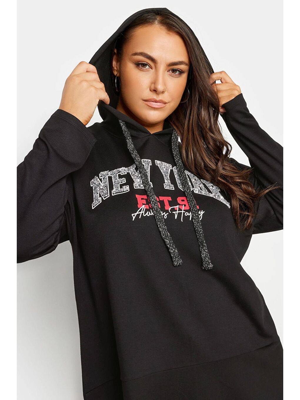 Stil Diva Siyah Büyük Beden Uzun Kollu Arkası Uzun Baskılı Kapüşonlu Sweatshirt 302787 - 3