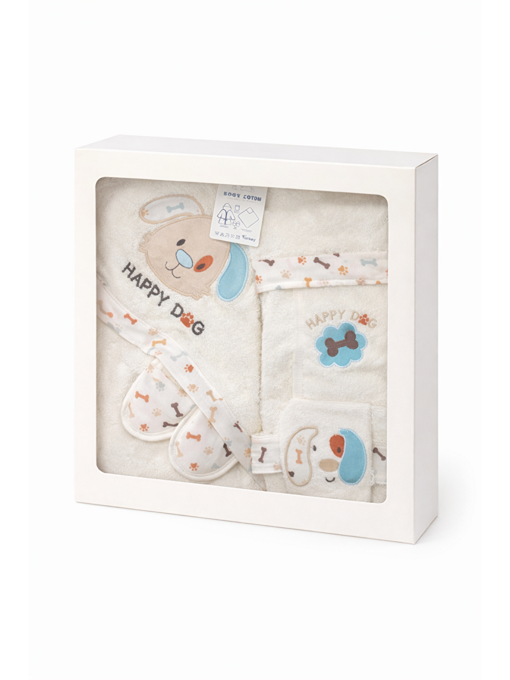 Ekru Erkek Bebek Köpek 4lü Bornoz Havlu Seti Kese Dahil Kutulu Hediyelik Pamuklu-2