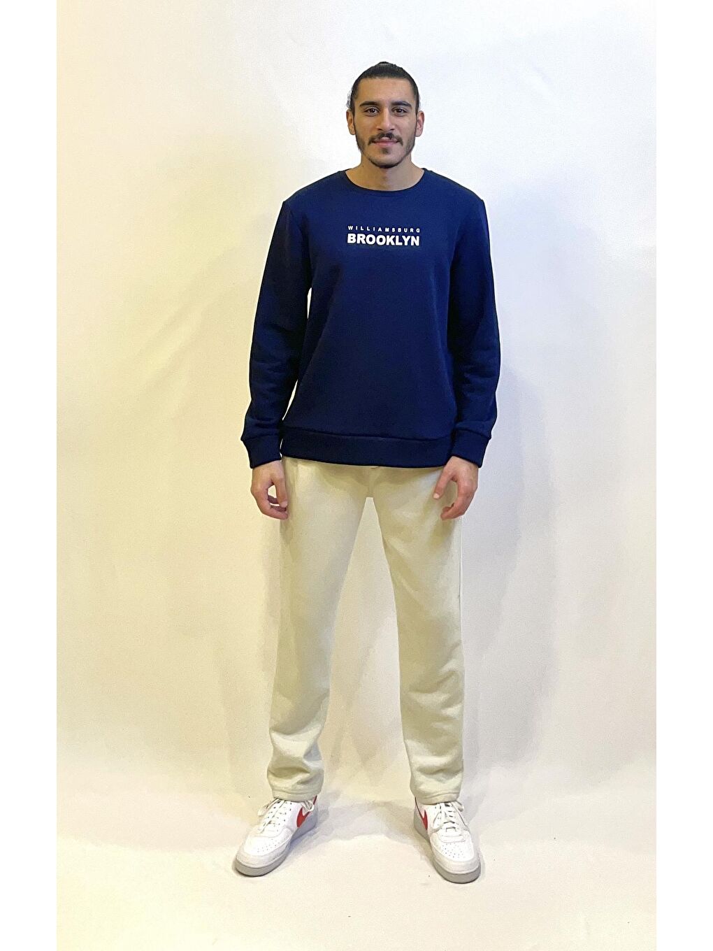 Süperlife Lacivert Erkek Bisiklet Yaka Rahat Kalıp 3 iplik Kalın Brooklyn Baskılı Sweatshirt SPR24sw29