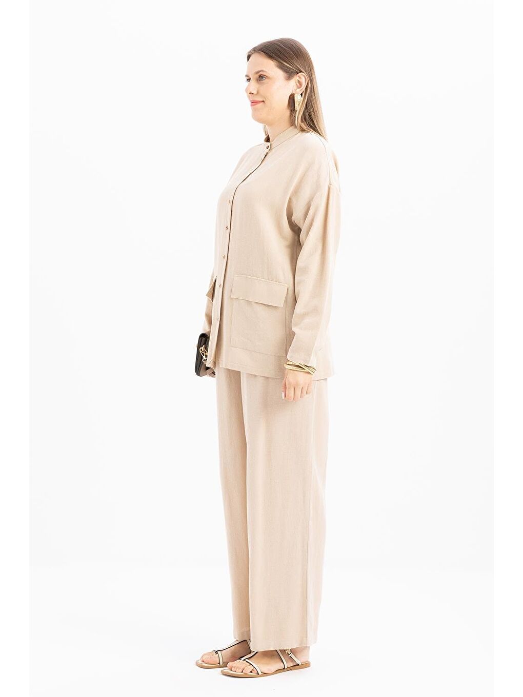 Bej-Büyük Cepli Keten Gömlek-2