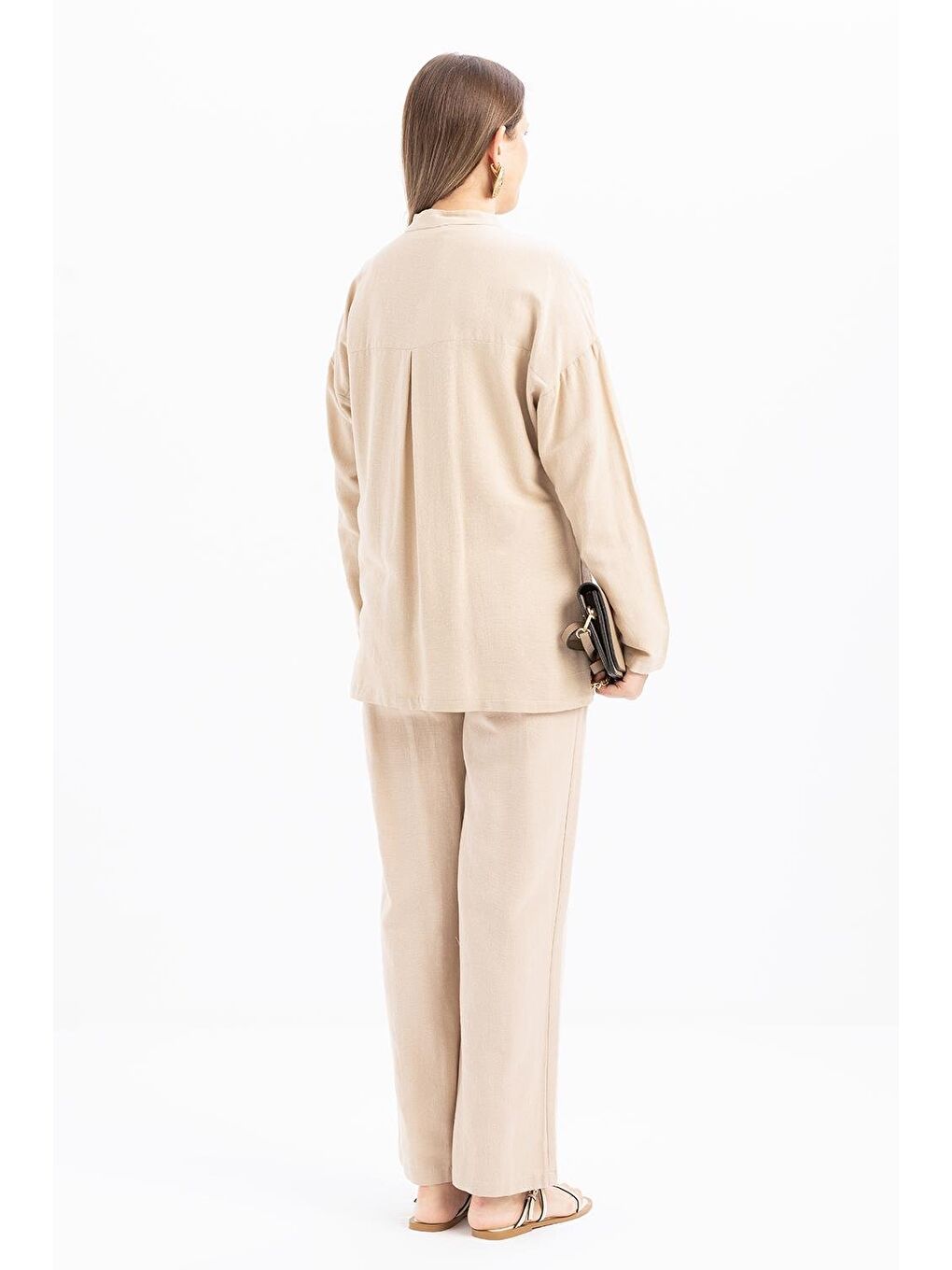 Bej-Büyük Cepli Keten Gömlek-3