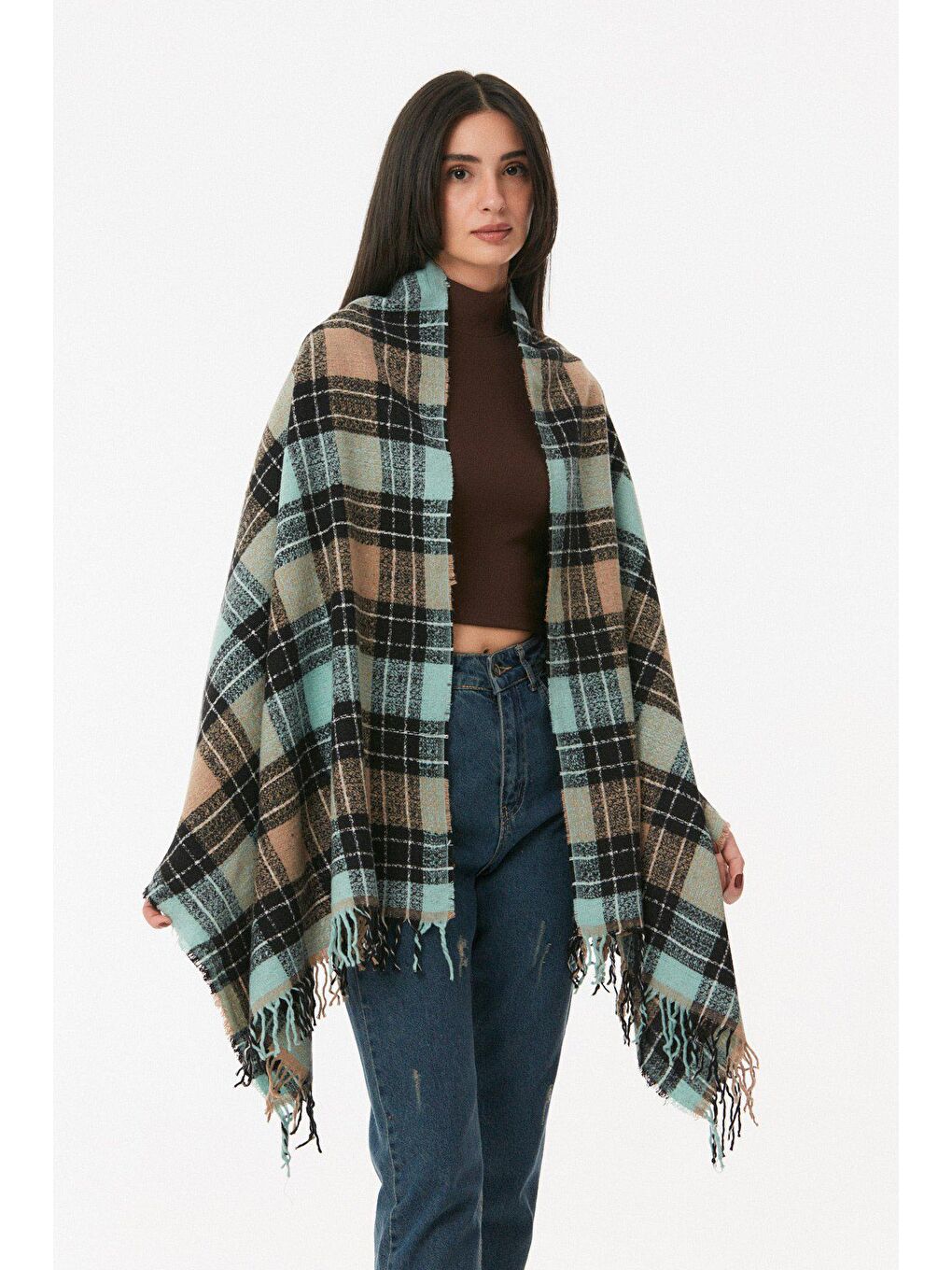 Turkuaz Ekose Desenli Yumuşak Dokulu Şal-4