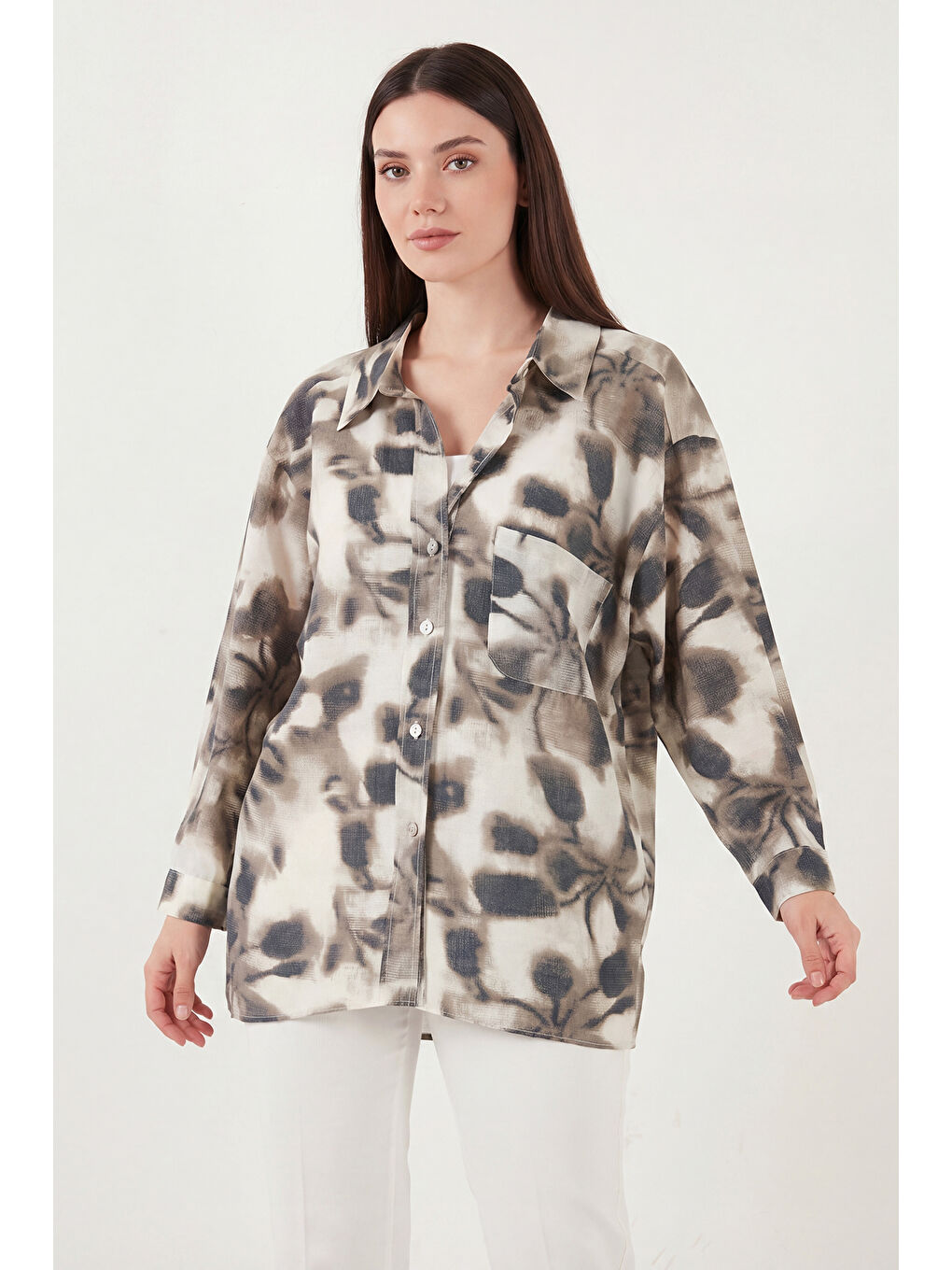 Bej Modal Karışımlı Desenli Uzun Kollu Kadın Gömlek 6835040-1