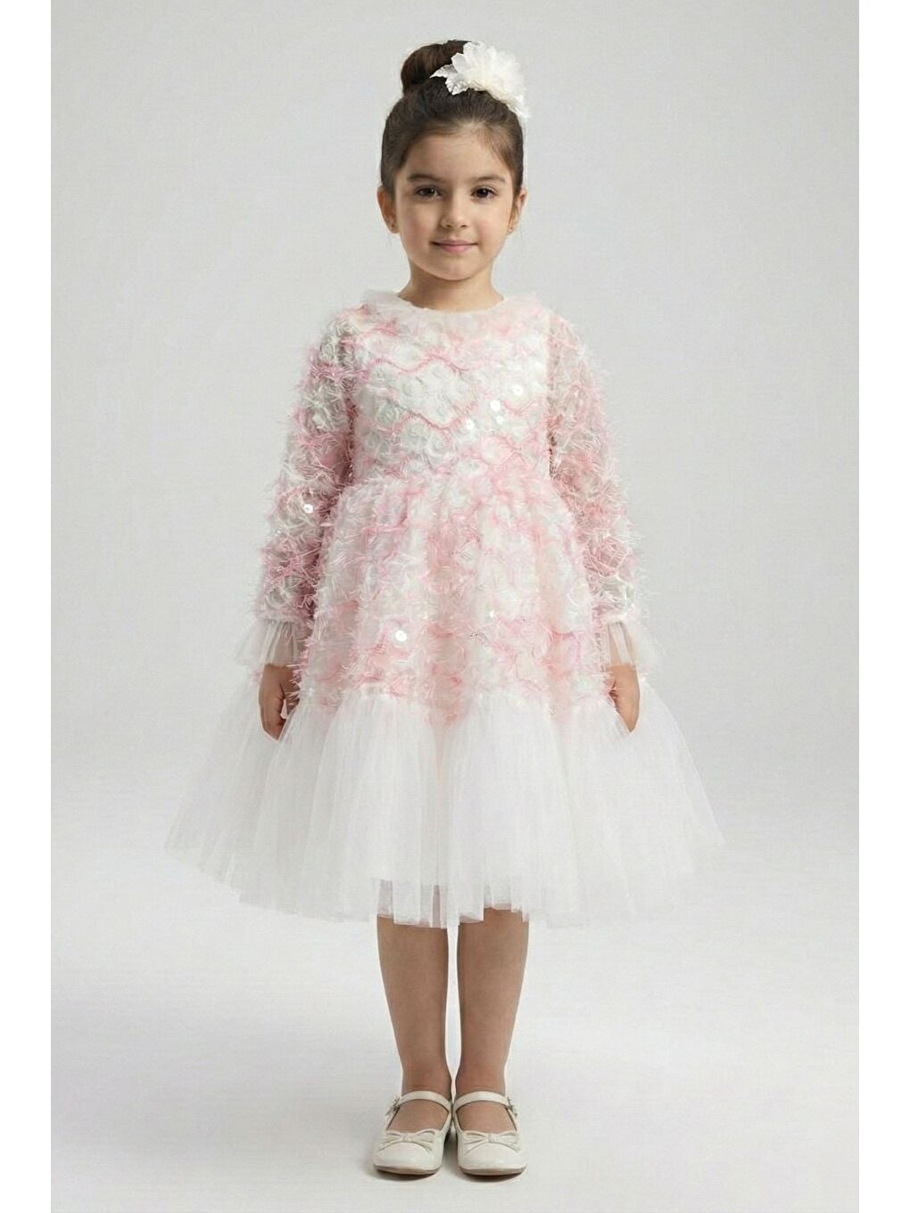 Pembe Kız Çocuk İspanyol Kol Tül Detaylı Kabarık Etekli Özel Düğün Elbisesi M00793