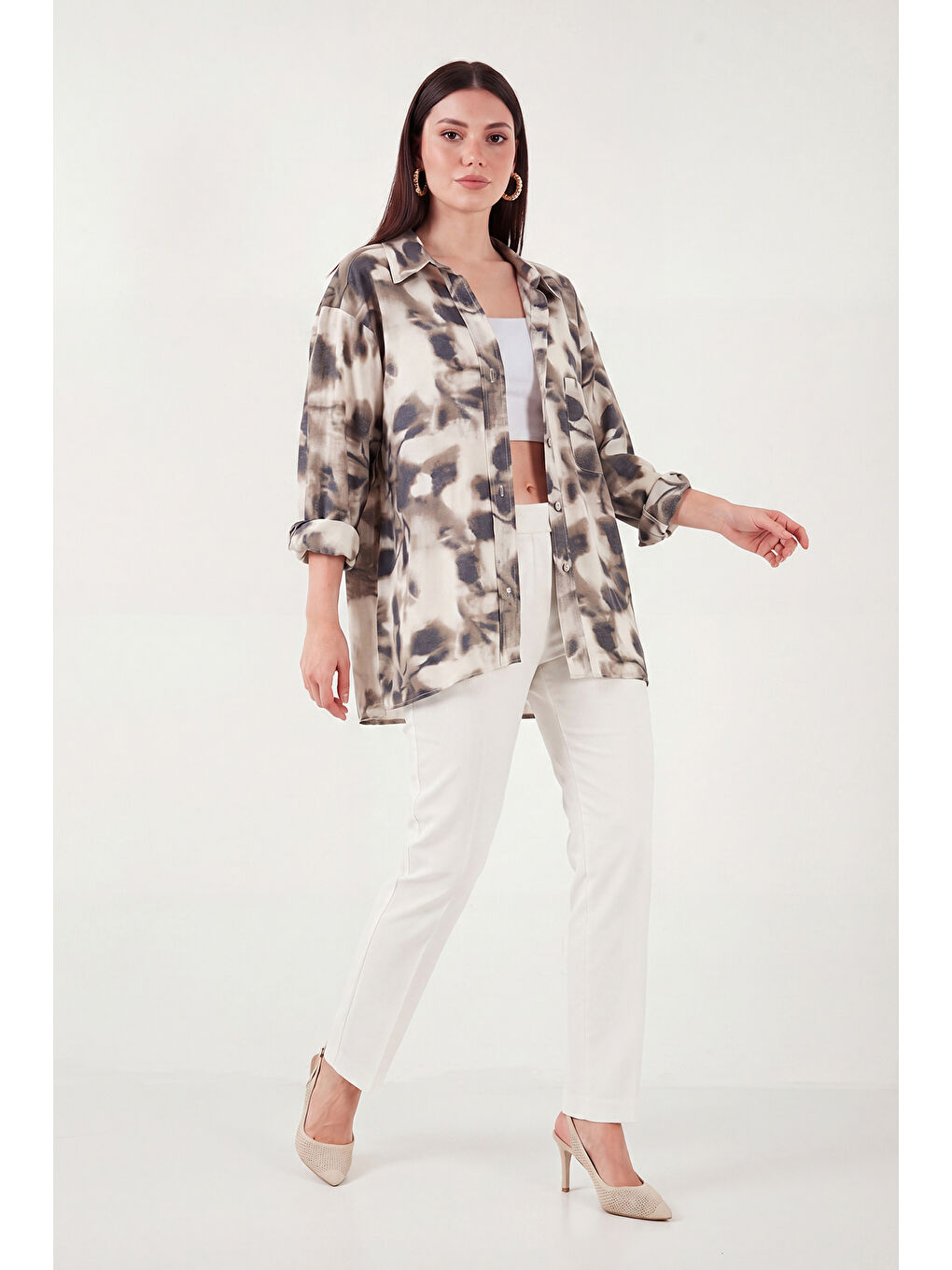 Bej Modal Karışımlı Desenli Uzun Kollu Kadın Gömlek 6835040-2