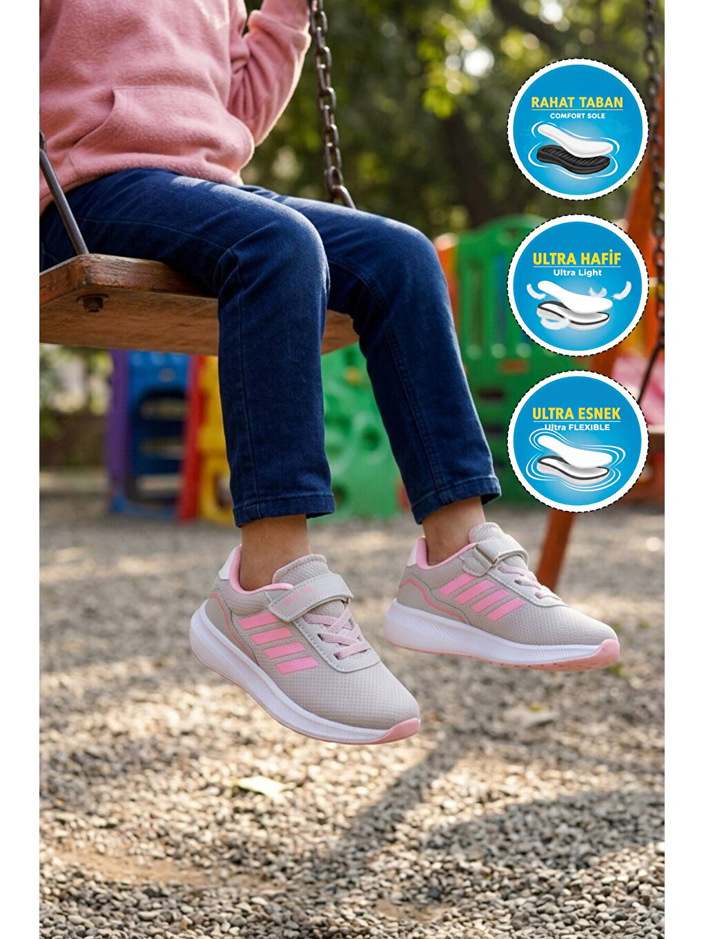 Gri Buz-Pembe Cırtlı Fileli Hafif Kız Çocuk Spor Ayakkabı 755 F-2