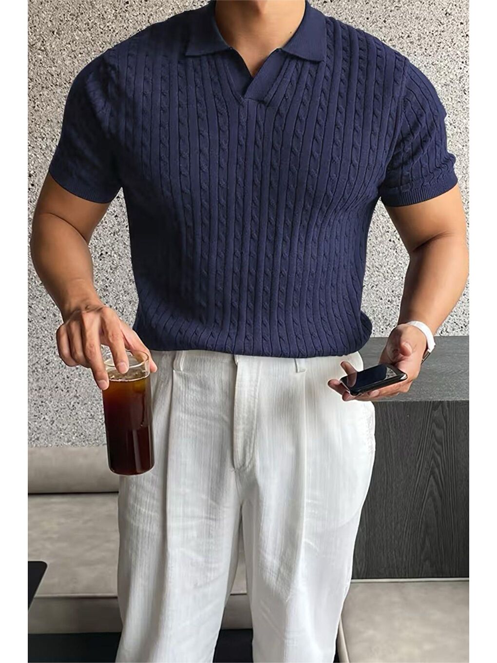 Lacivert İtalyan Stil V Yaka Saç Örgü Detaylı Slim Fit Triko Erkek Polo Tshirt