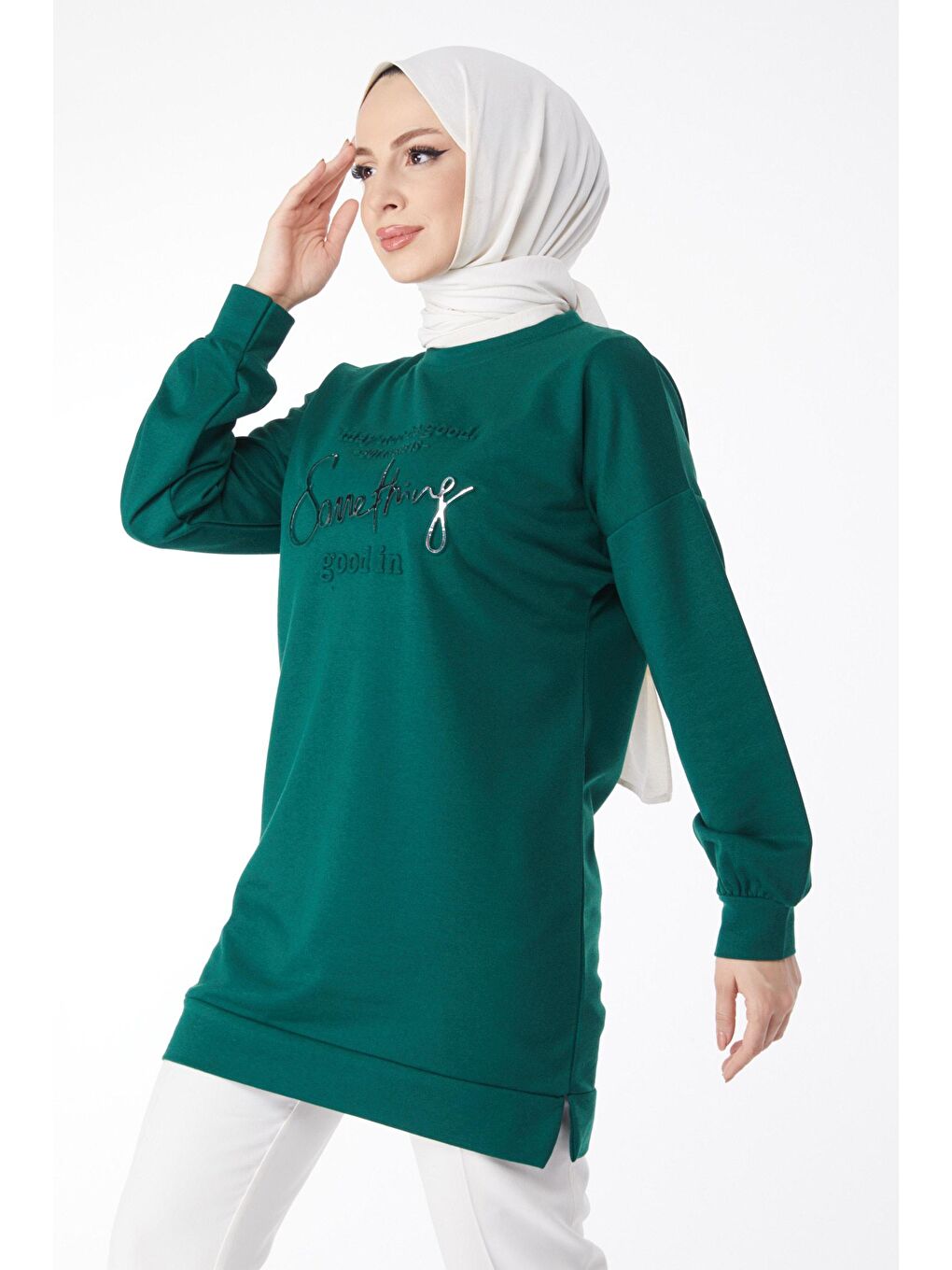 TOFİSA Yeşil Düz Bisiklet Yaka Kadın Yeşil Baskılı Uzun Kollu Sweatshirt - 24609 - 2