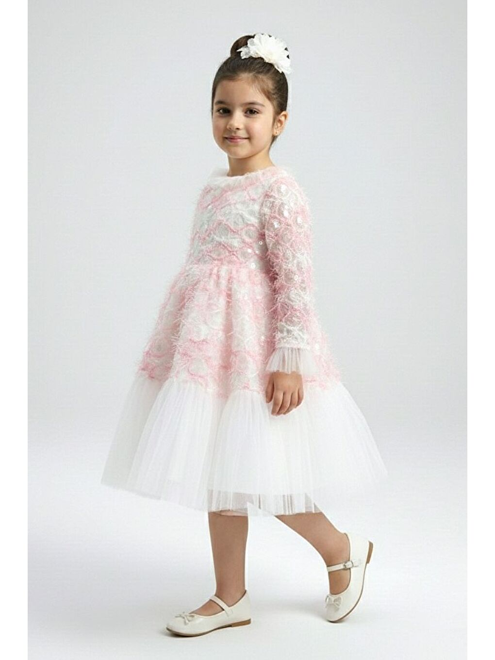 Pembe Kız Çocuk İspanyol Kol Tül Detaylı Kabarık Etekli Özel Düğün Elbisesi M00793-1