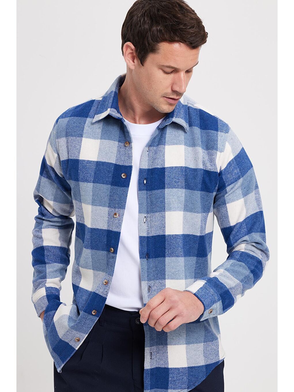 Mavi Erkek Slim Fit Dar Kesim Kareli Kışlık Oduncu Gömlek