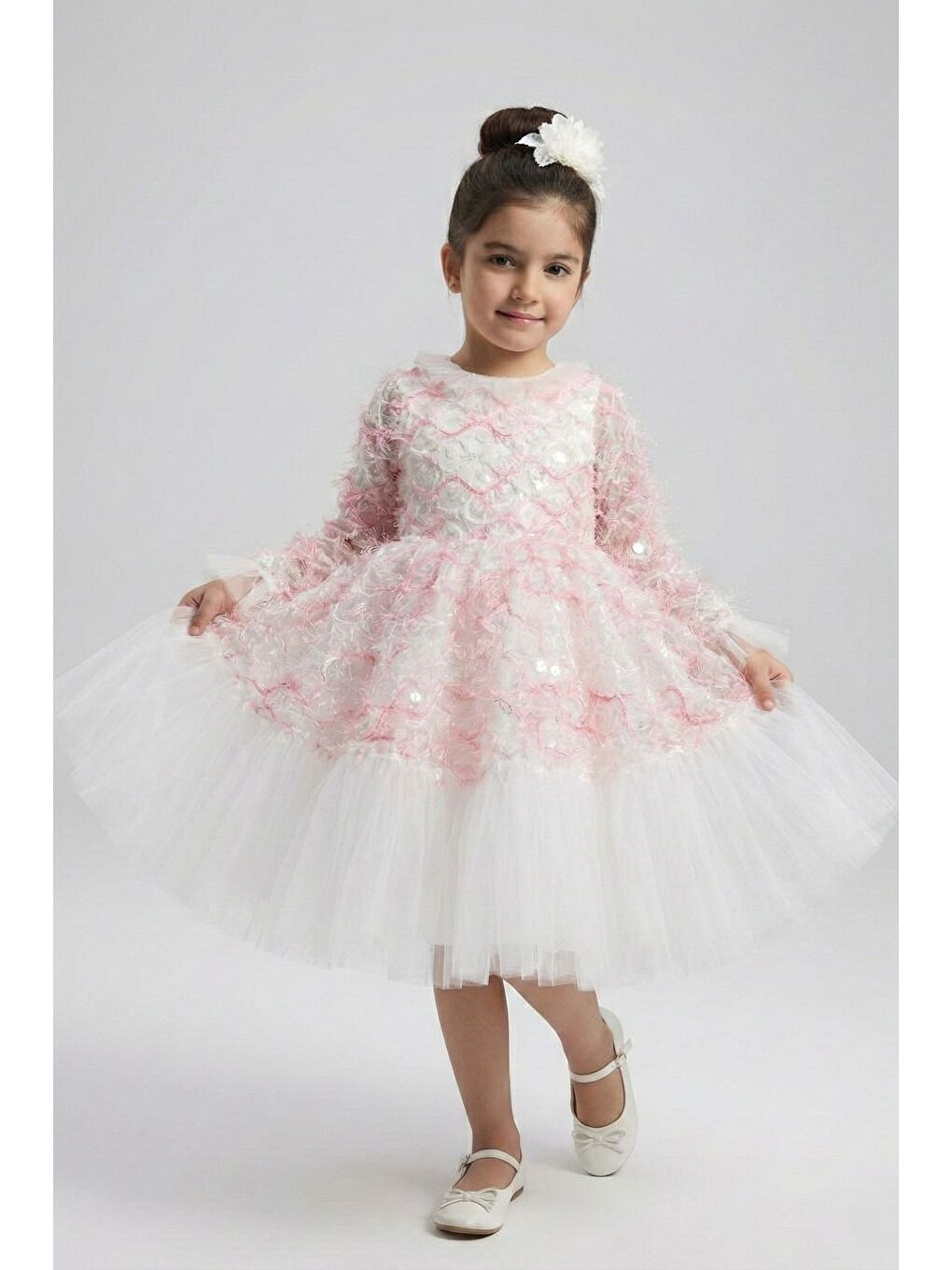 Pembe Kız Çocuk İspanyol Kol Tül Detaylı Kabarık Etekli Özel Düğün Elbisesi M00793-2