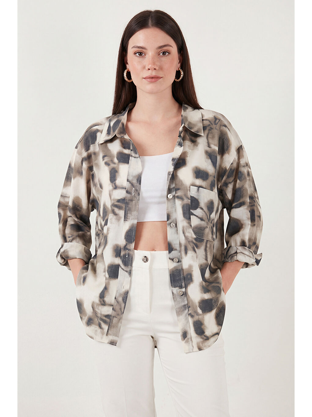 Bej Modal Karışımlı Desenli Uzun Kollu Kadın Gömlek 6835040-3