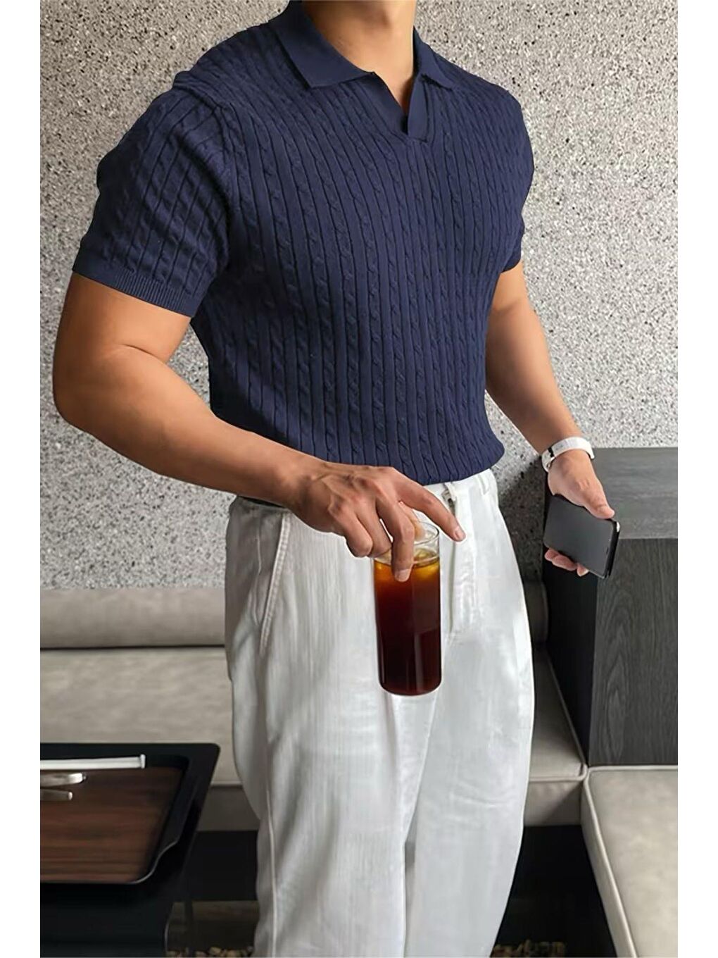 Lacivert İtalyan Stil V Yaka Saç Örgü Detaylı Slim Fit Triko Erkek Polo Tshirt-1