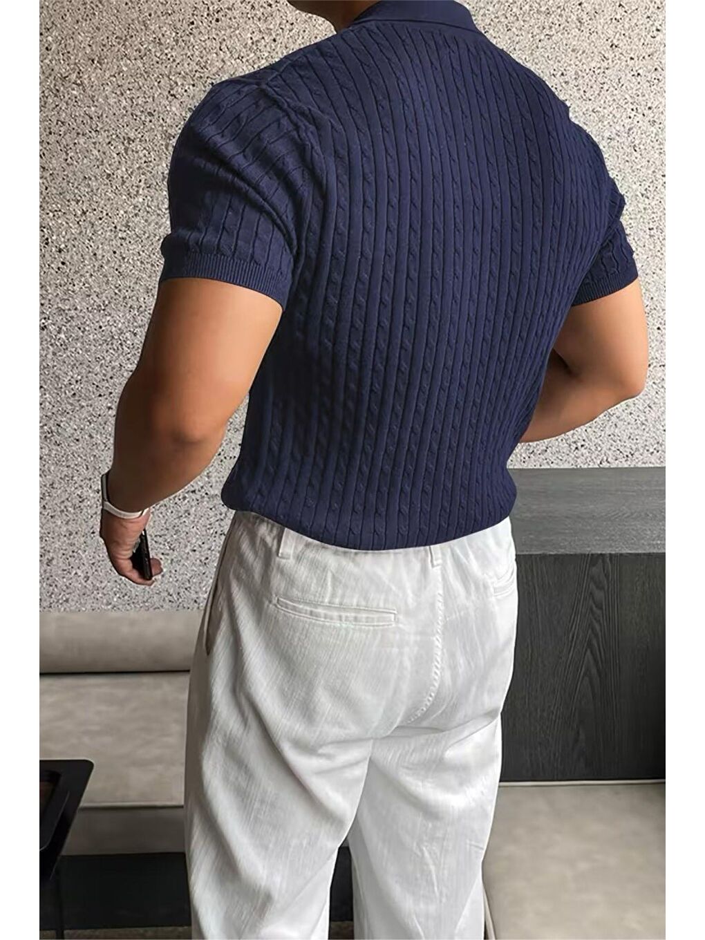 Lacivert İtalyan Stil V Yaka Saç Örgü Detaylı Slim Fit Triko Erkek Polo Tshirt-2