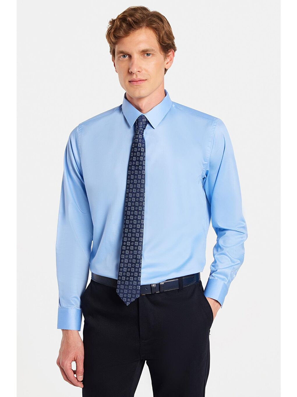 Erkek Slim Fit Non-Iron Pamuklu Doğa Dostu Ekoteks Belgeli Ütü Gerektirmez Açık Mavi Gömlek