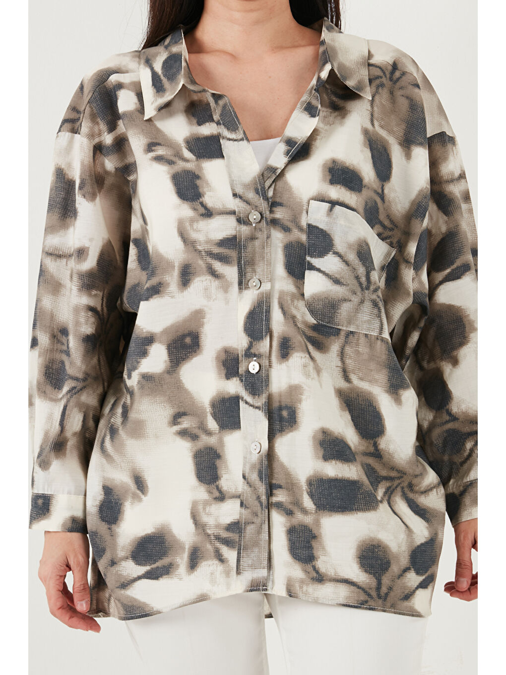Bej Modal Karışımlı Desenli Uzun Kollu Kadın Gömlek 6835040-4