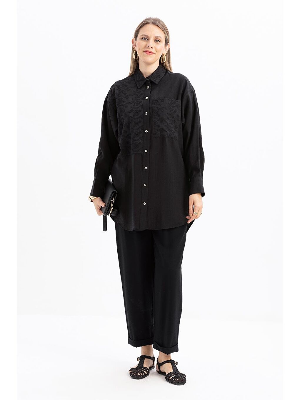 Siyah-Fisto Detaylı Büyük Cepli Gömlek-1