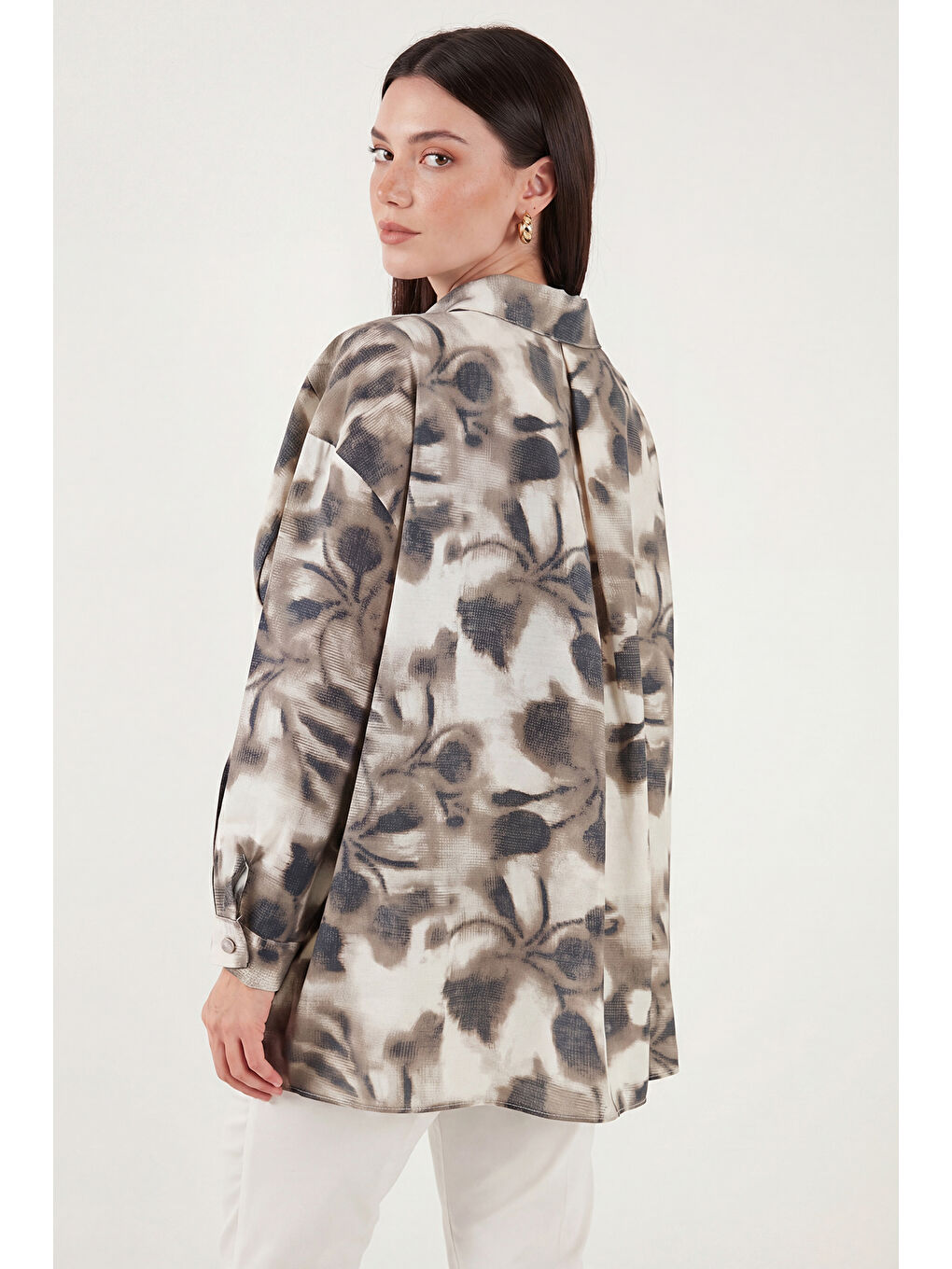 Bej Modal Karışımlı Desenli Uzun Kollu Kadın Gömlek 6835040-5