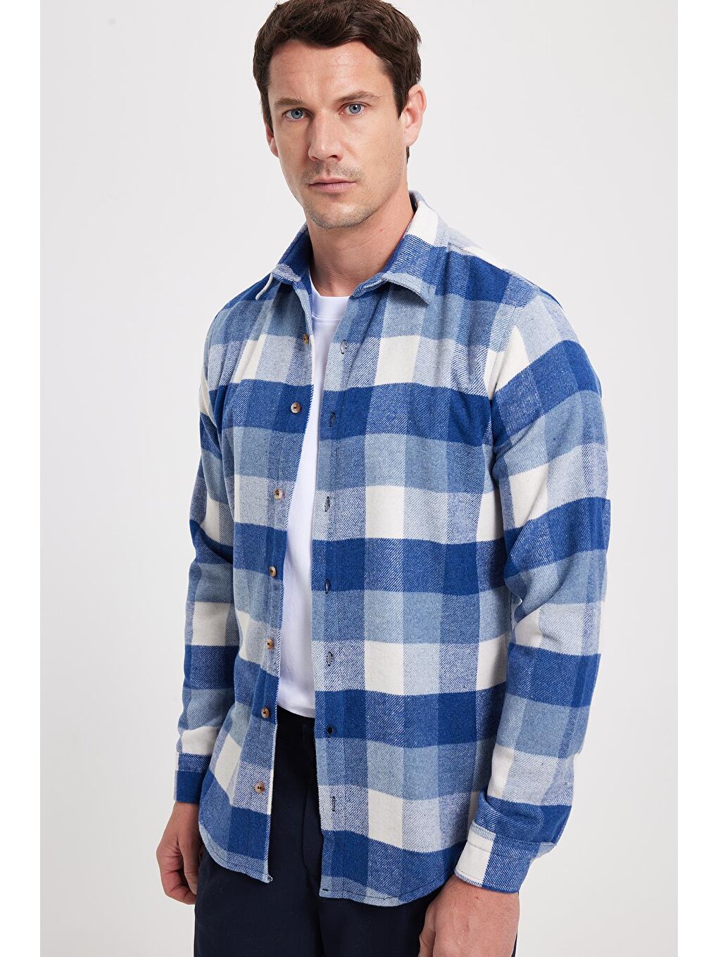 Mavi Erkek Slim Fit Dar Kesim Kareli Kışlık Oduncu Gömlek-6