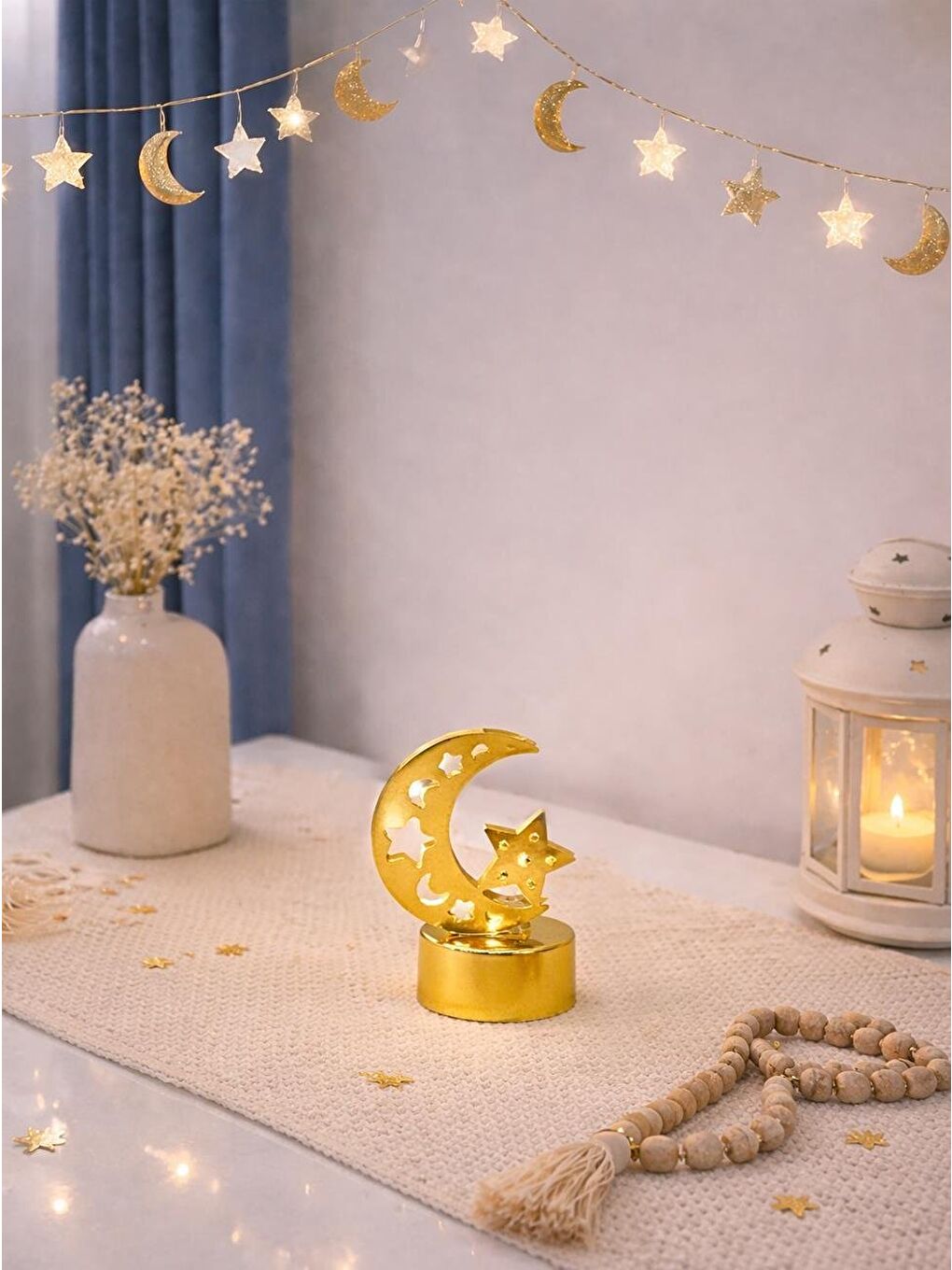 Sarı Ramazan Temalı Mini Led Mum Ay Yıldız Masaüstü Dekoru Gold 7 cm