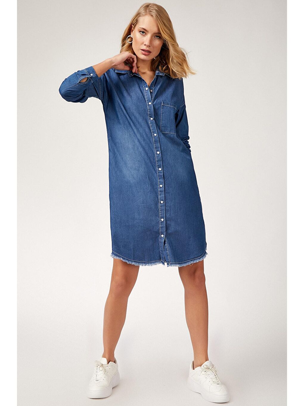 5593 Püsküllü Jean Tunik - Lacivert-1