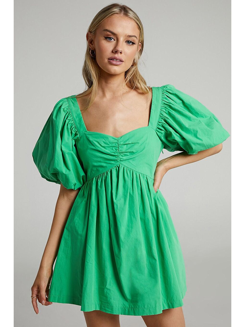 Yeşil Kalp Yaka Balon Kol Kadın Elbise Mg1620-1