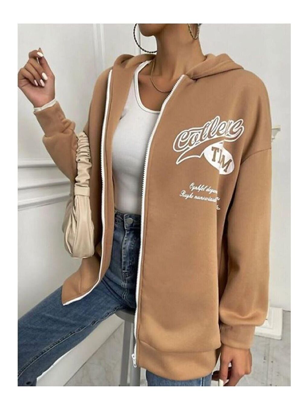 Trendseninle Vizon Kadın Oversize Baskılı Fermuarlı Sweatshirt College