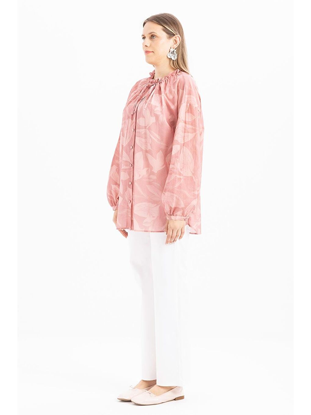 Pembe-Yaka Büzgülü Desenli Gömlek-2