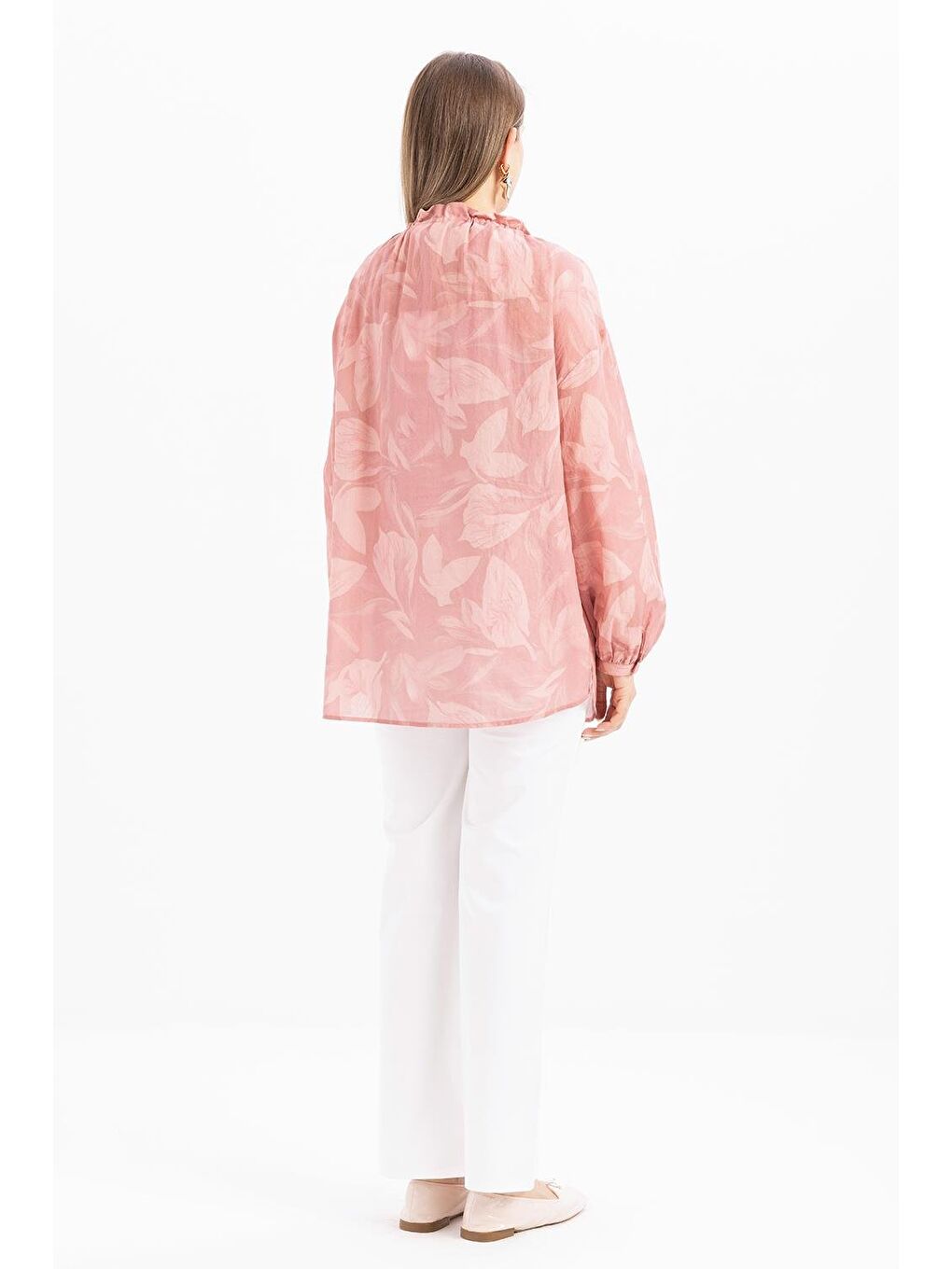 Pembe-Yaka Büzgülü Desenli Gömlek-3