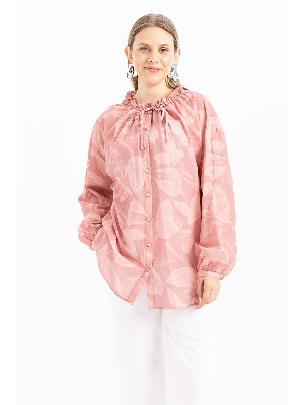 Pembe-Yaka Büzgülü Desenli Gömlek-4