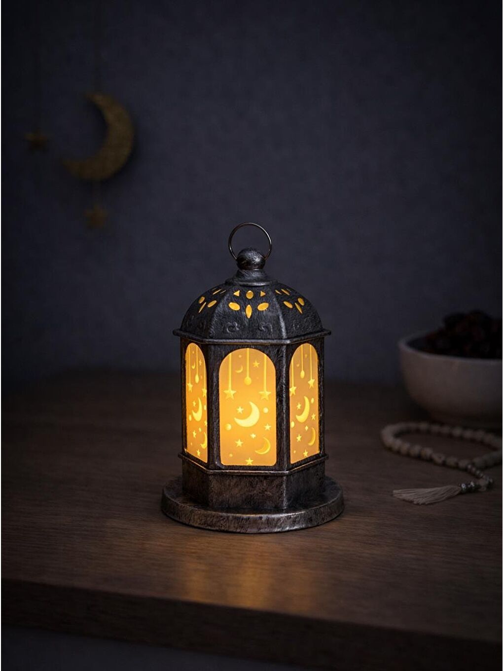 Gri Ramazan Temalı Led Işıklı Pilli Dekoratif Fener Eskitme Detaylı Gümüş 16 cm-1