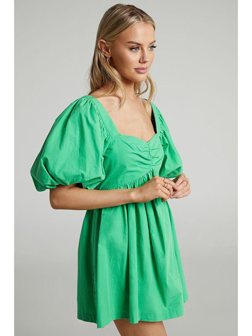 Yeşil Kalp Yaka Balon Kol Kadın Elbise Mg1620-2