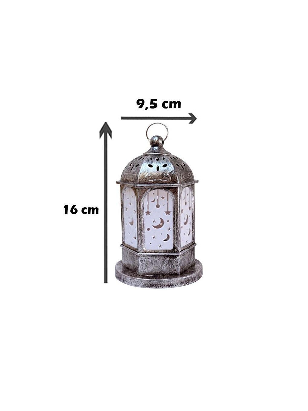 Gri Ramazan Temalı Led Işıklı Pilli Dekoratif Fener Eskitme Detaylı Gümüş 16 cm-2