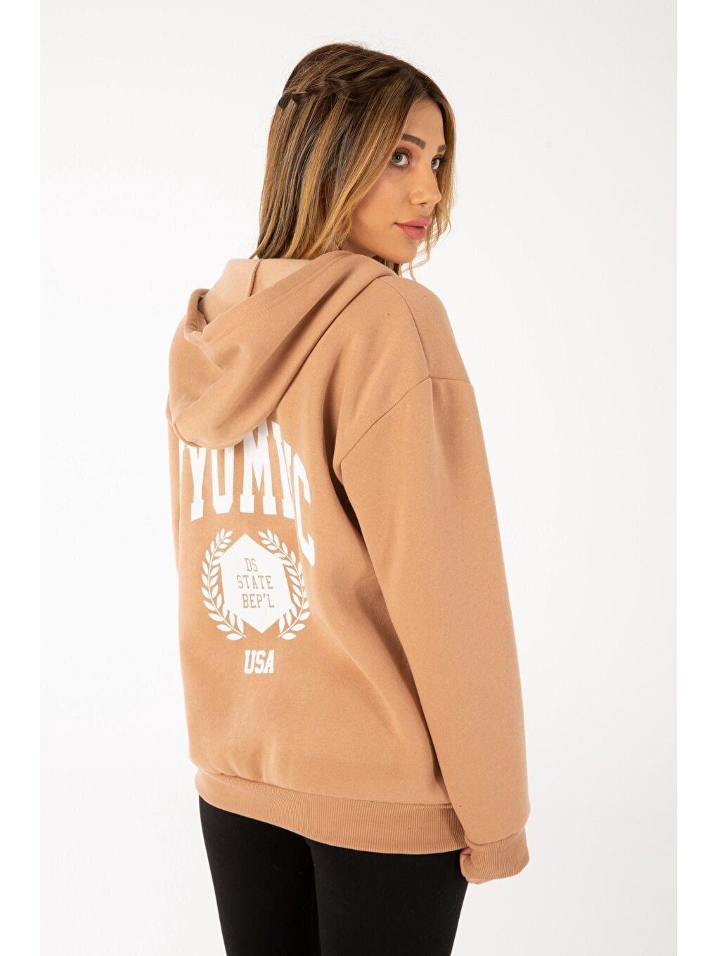 Trendseninle Vizon Kadın Oversize Baskılı Fermuarlı Sweatshirt College - 1