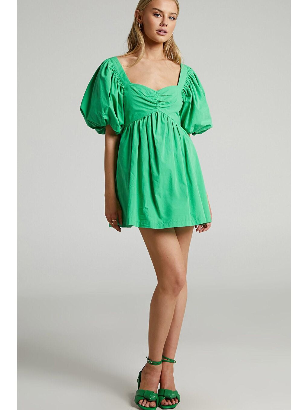 Yeşil Kalp Yaka Balon Kol Kadın Elbise Mg1620-3