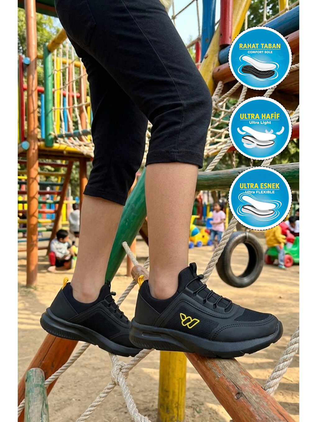Siyah-Sarı Geniş Kalıp Fileli Hafif Erkek Çocuk Spor Ayakkabı Grape F-2
