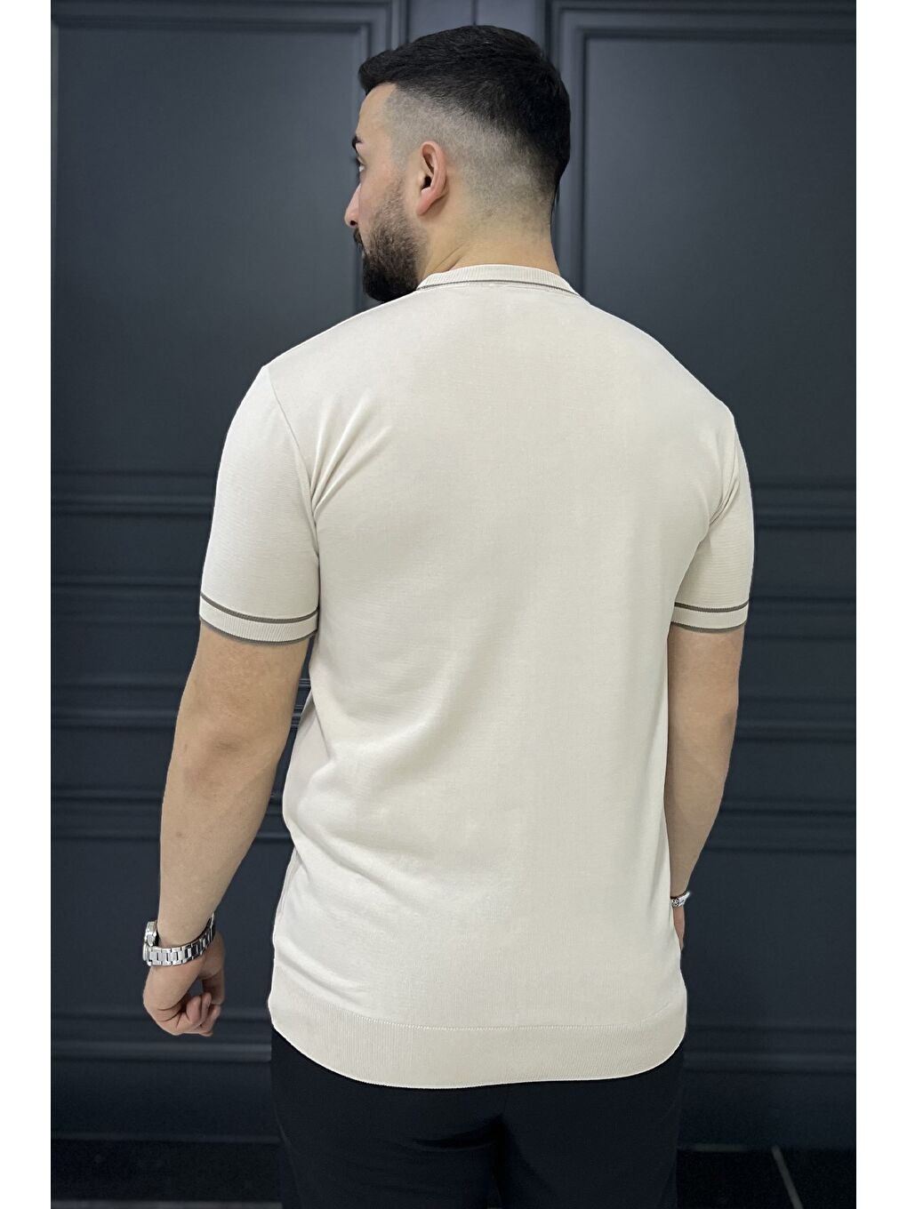 Bej Bisiklet Yaka Erkek Triko Tişört-2