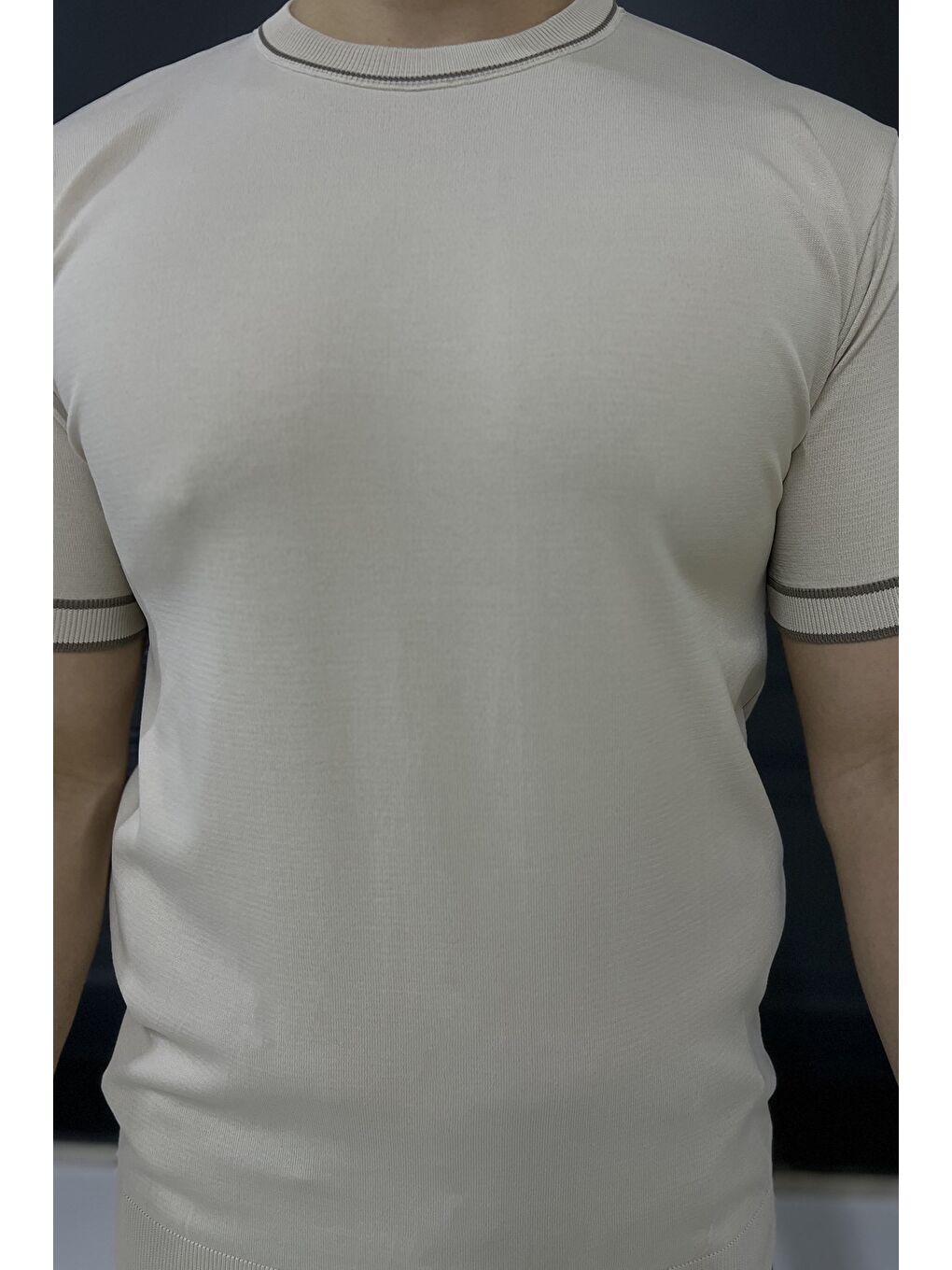Bej Bisiklet Yaka Erkek Triko Tişört-3
